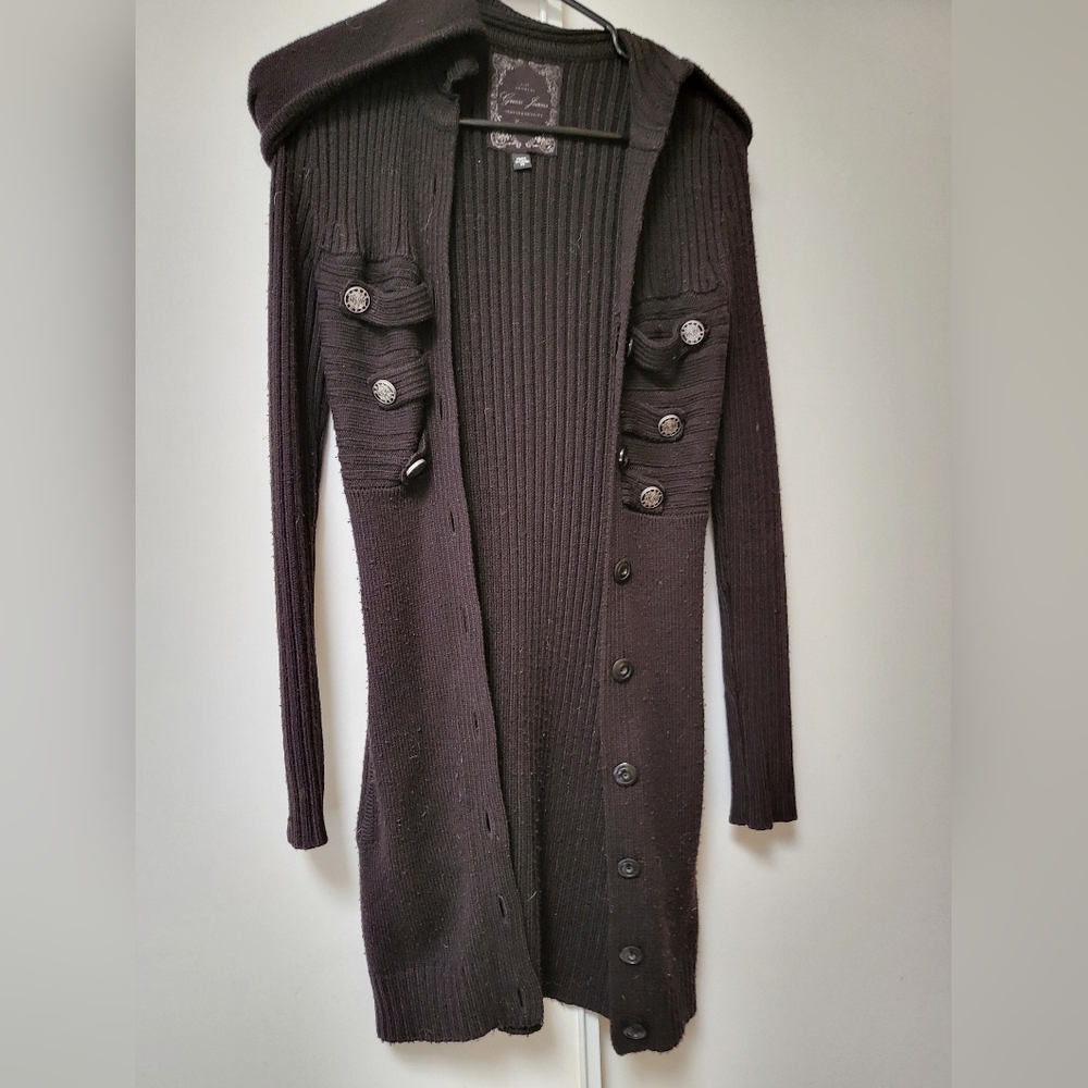 Vintage Black Hooded Cardigan with Button Details